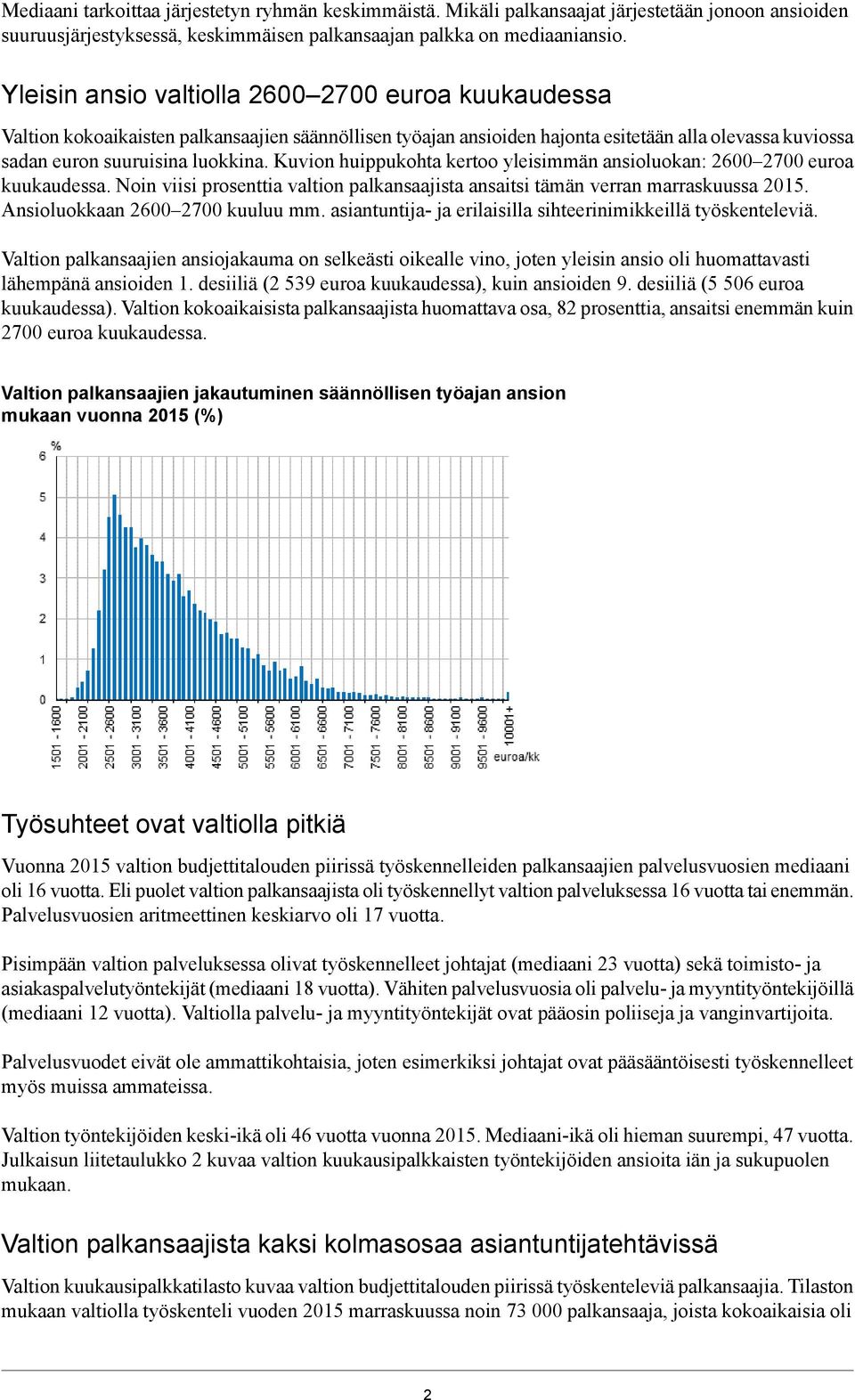 Kuvion huippukohta kertoo yleisimmän ansioluokan: 2600 2700 euroa kuukaudessa. Noin viisi prosenttia valtion palkansaajista ansaitsi tämän verran marraskuussa 2015. Ansioluokkaan 2600 2700 kuuluu mm.