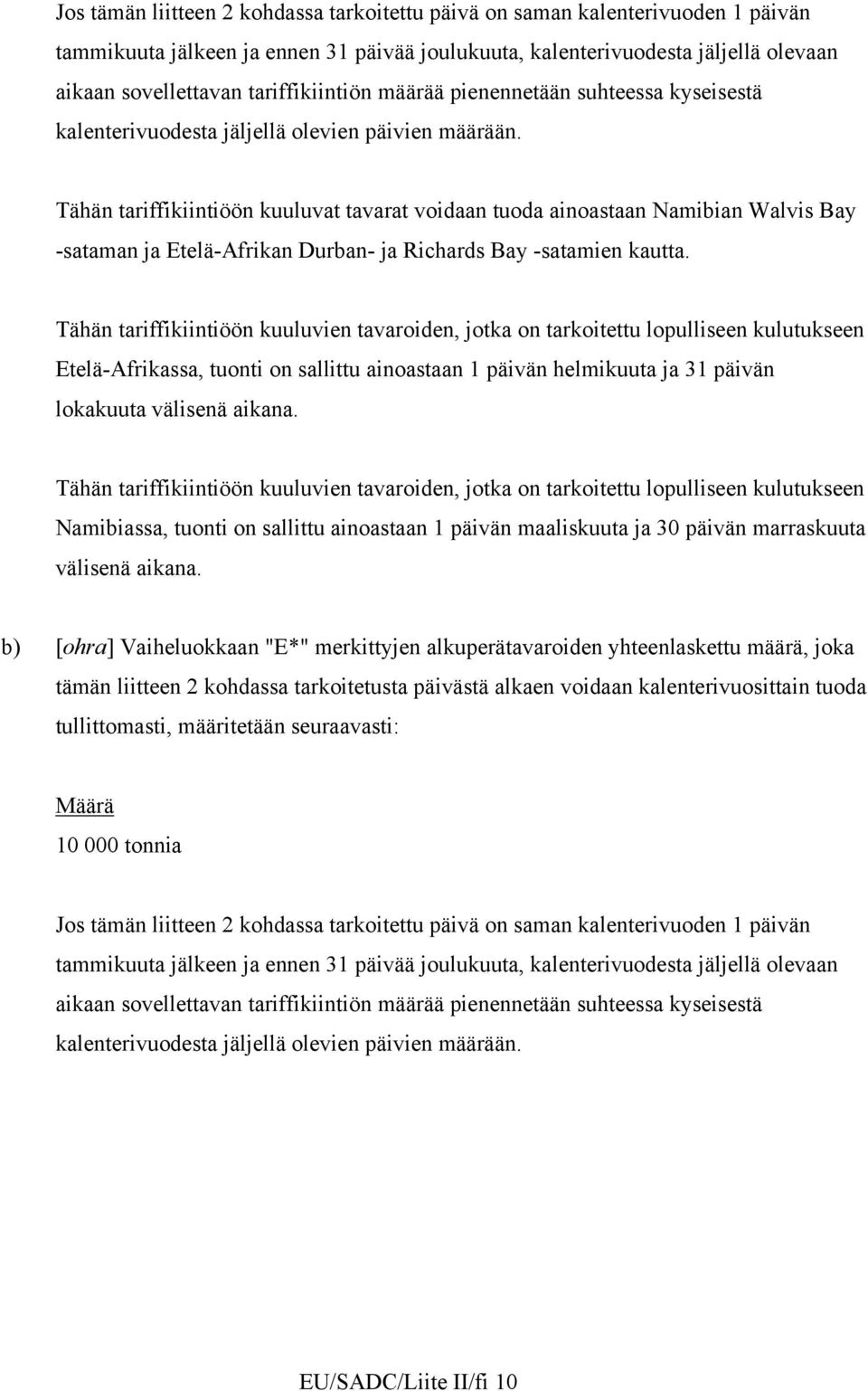 Tähän tariffikiintiöön kuuluvat tavarat voidaan tuoda ainoastaan Namibian Walvis Bay -sataman ja Etelä-frikan Durban- ja Richards Bay -satamien kautta.