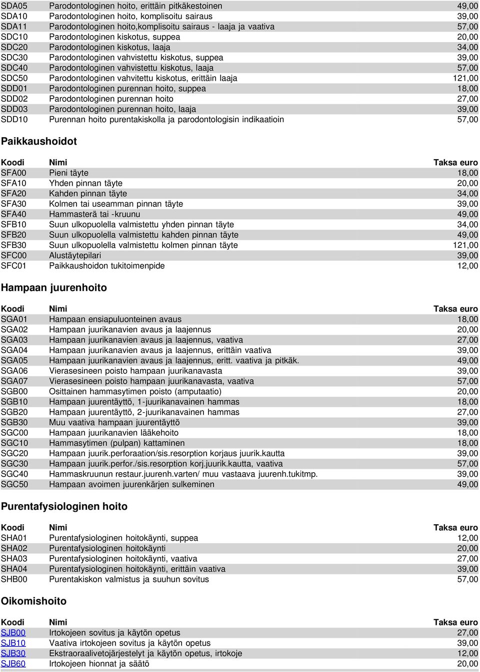 SDC50 Parodontologinen vahvitettu kiskotus, erittäin laaja 121,00 SDD01 Parodontologinen purennan hoito, suppea 18,00 SDD02 Parodontologinen purennan hoito 27,00 SDD03 Parodontologinen purennan