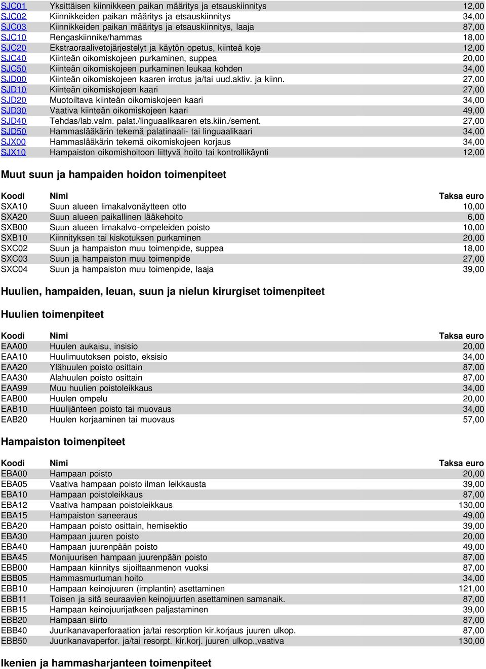 leukaa kohden 34,00 SJD00 Kiinteän oikomiskojeen kaaren irrotus ja/tai uud.aktiv. ja kiinn.