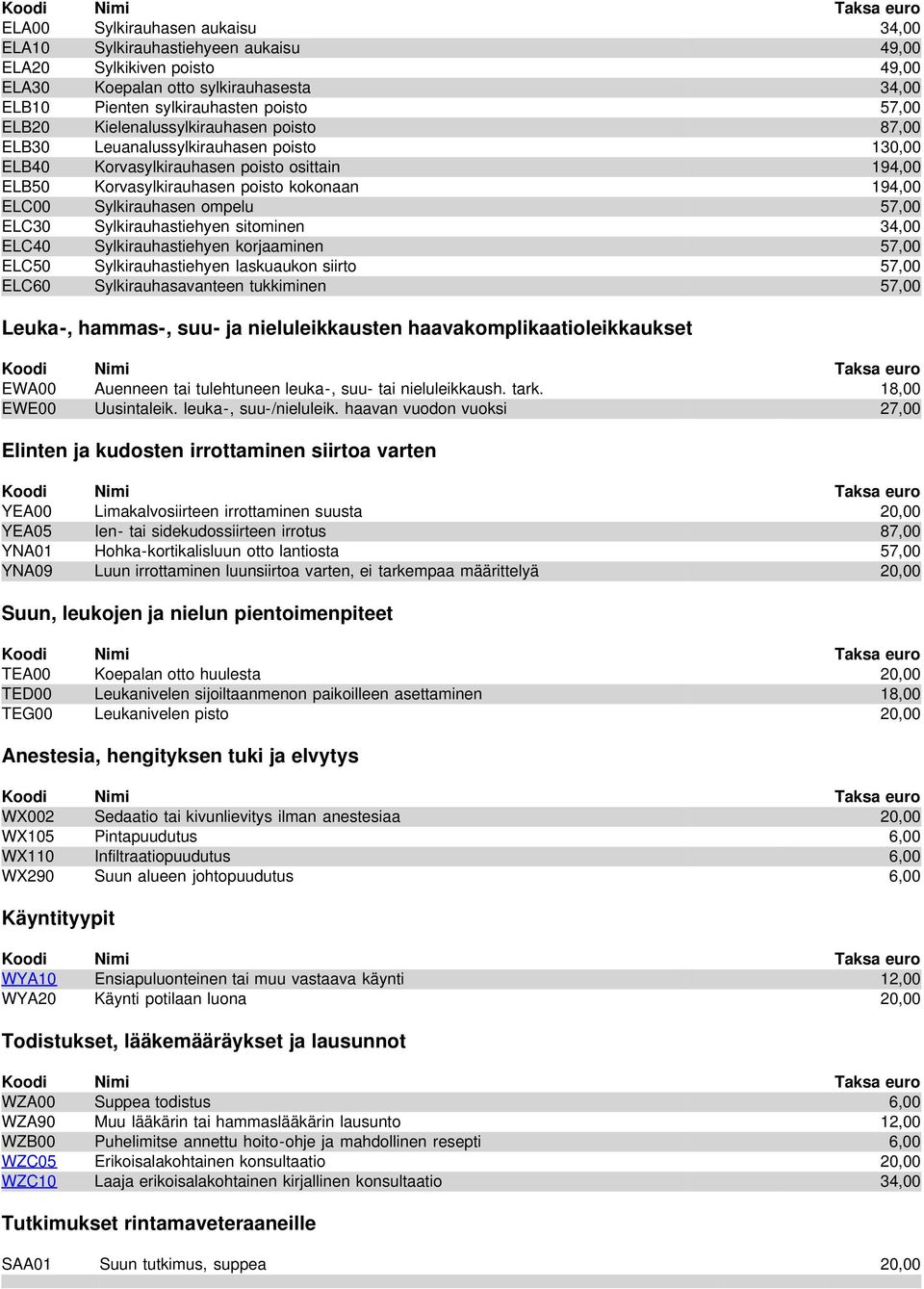 ELC00 Sylkirauhasen ompelu 57,00 ELC30 Sylkirauhastiehyen sitominen 34,00 ELC40 Sylkirauhastiehyen korjaaminen 57,00 ELC50 Sylkirauhastiehyen laskuaukon siirto 57,00 ELC60 Sylkirauhasavanteen