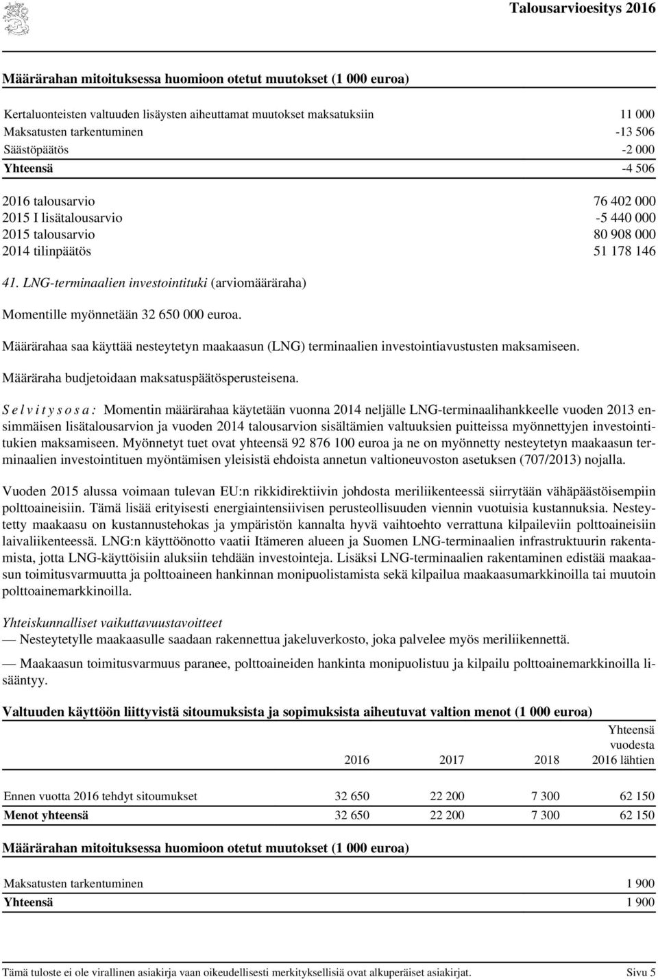 Määrärahaa saa käyttää nesteytetyn maakaasun (LNG) terminaalien investointiavustusten maksamiseen. Määräraha budjetoidaan maksatuspäätösperusteisena.