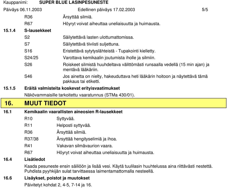 S26 Roiskeet silmistä huuhdeltava välittömästi runsaalla vedellä (15 min ajan) ja mentävä lääkäriin.