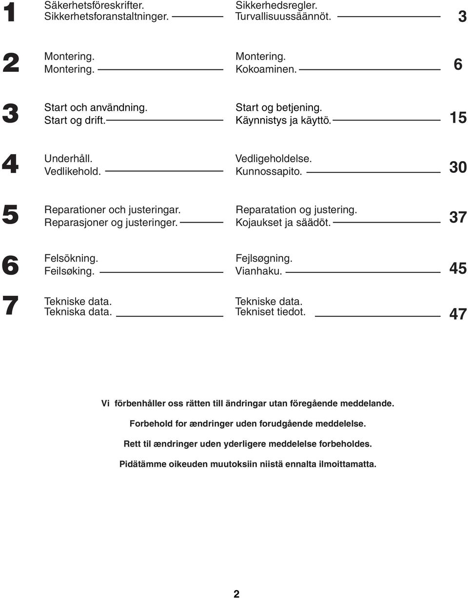 Kojaukset ja säädöt. 7 6 Felsökning. Feilsøking. Fejlsøgning. Vianhaku. 7 Tekniske data. Tekniska data. Tekniske data. Tekniset tiedot.