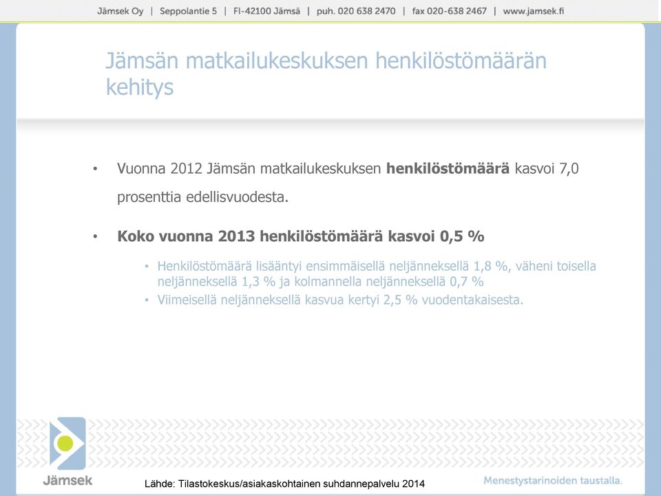 Koko vuonna 2013 henkilöstömäärä kasvoi 0,5 % Henkilöstömäärä lisääntyi ensimmäisellä