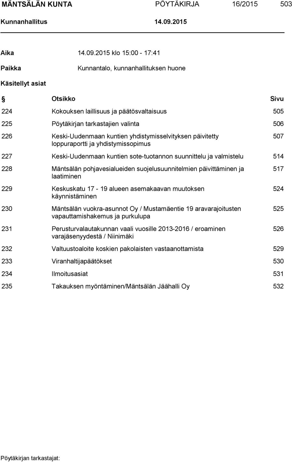 2015 klo 15:00-17:41 Paikka Kunnantalo, kunnanhallituksen huone Käsitellyt asiat Otsikko Sivu 224 Kokouksen laillisuus ja päätösvaltaisuus 505 225 Pöytäkirjan tarkastajien valinta 506 226
