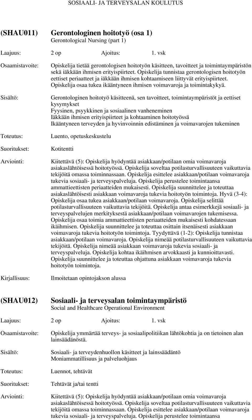 Opiskelija tunnistaa gerontologisen hoitotyön eettiset periaatteet ja iäkkään ihmisen kohtaamiseen liittyvät erityispiirteet. Opiskelija osaa tukea ikääntyneen ihmisen voimavaroja ja toimintakykyä.