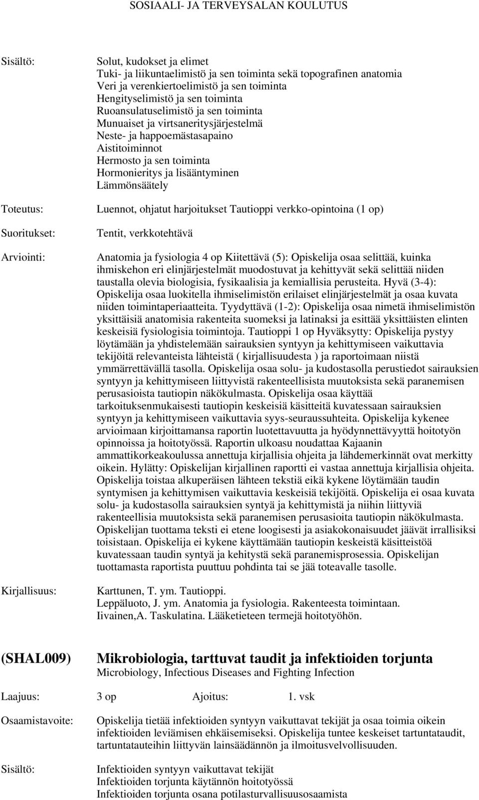 Tautioppi verkko-opintoina (1 op) Tentit, verkkotehtävä Anatomia ja fysiologia 4 op Kiitettävä (5): Opiskelija osaa selittää, kuinka ihmiskehon eri elinjärjestelmät muodostuvat ja kehittyvät sekä