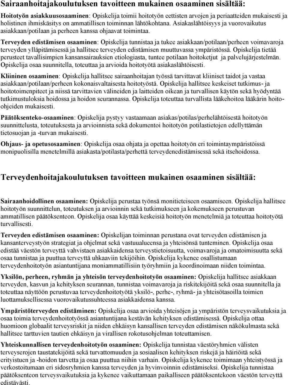 Terveyden edistämisen osaaminen: Opiskelija tunnistaa ja tukee asiakkaan/potilaan/perheen voimavaroja terveyden ylläpitämisessä ja hallitsee terveyden edistämisen muuttuvassa ympäristössä.