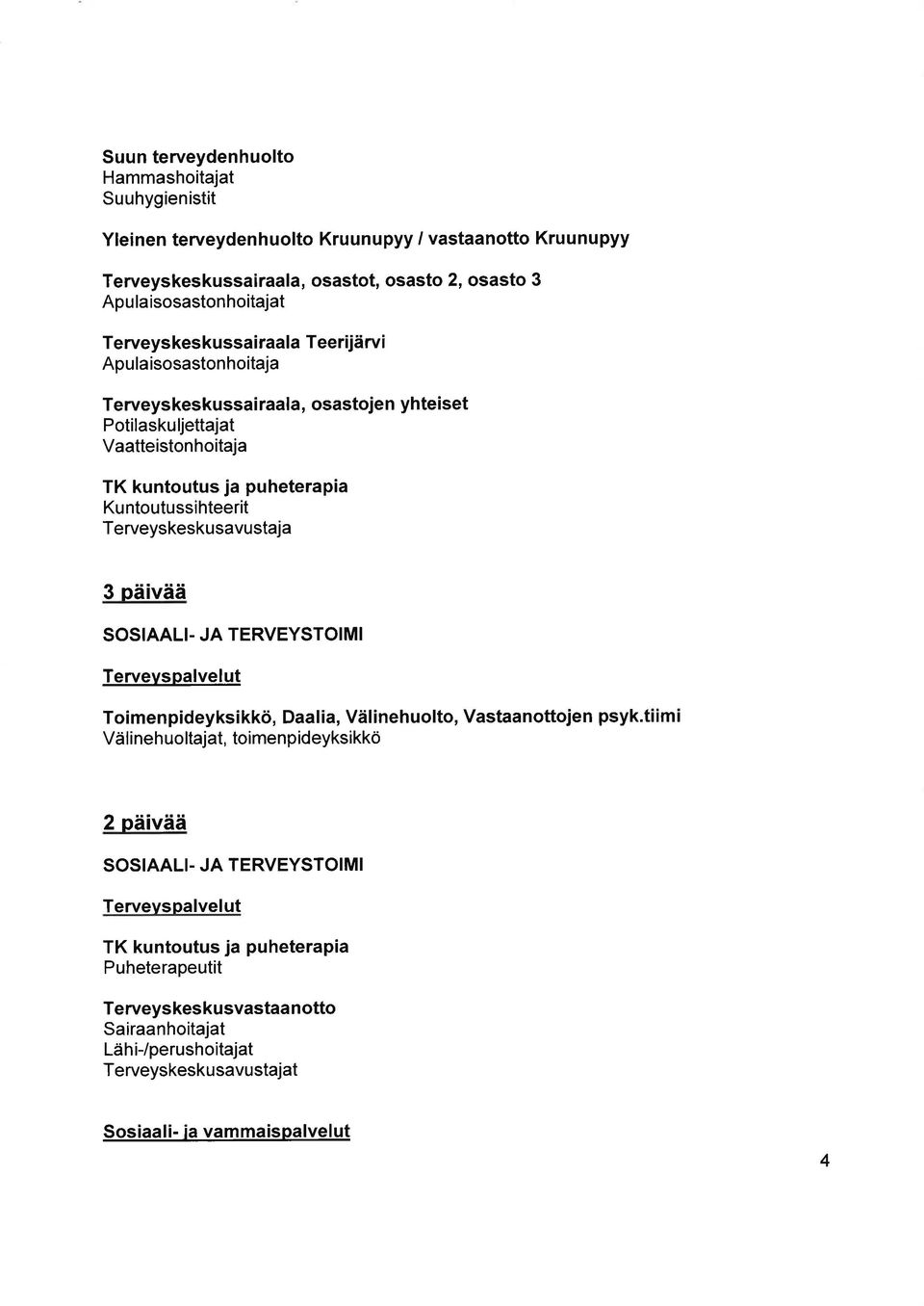 Terveyskeskusavustaja 3 päivää SOSIAALI. JA TERVEYSTOIMI Tervevspalvelut Toimenpideyksi kkö, Daal ia, Väl inehuolto, Vastaanottojen psyk.