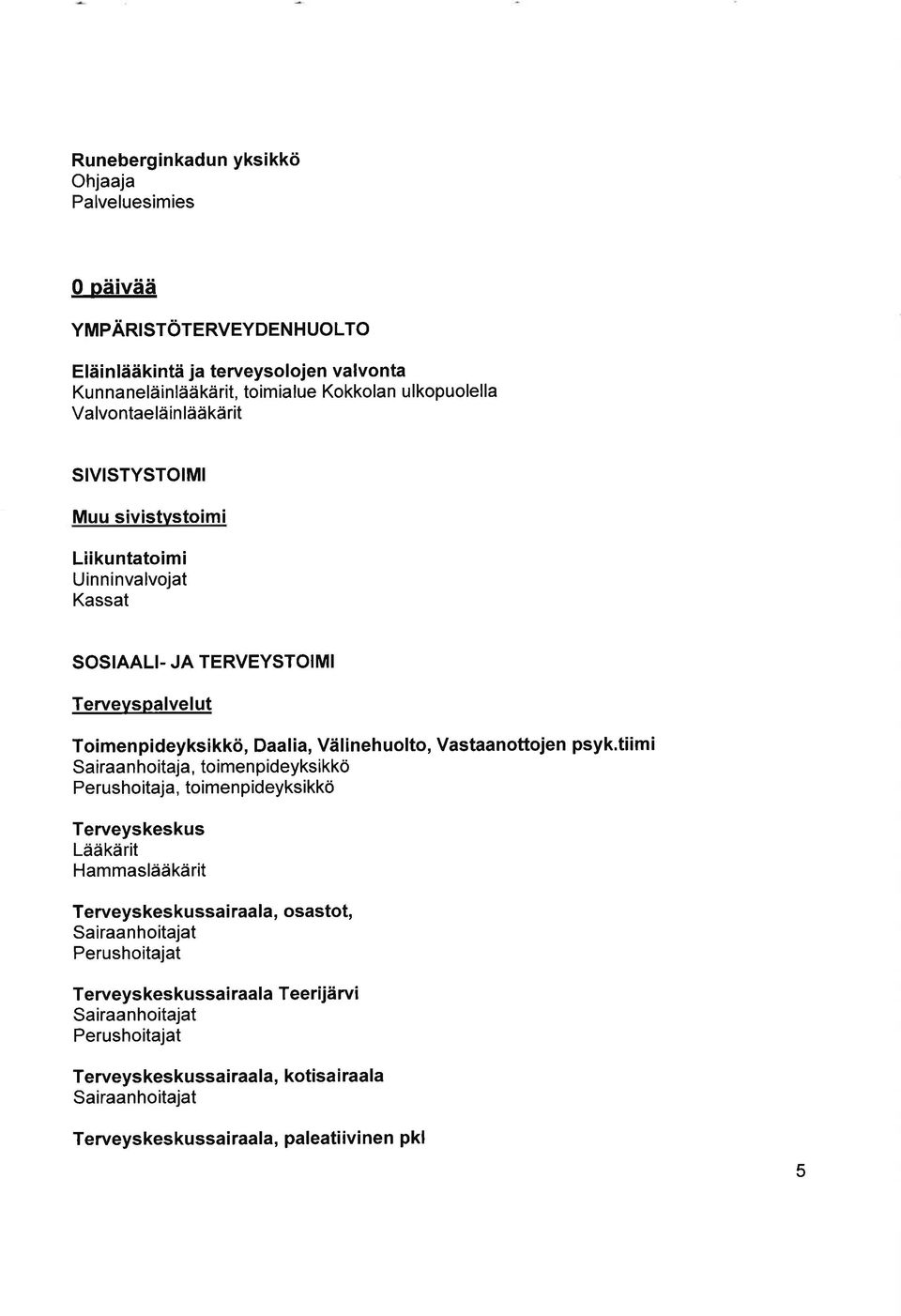 JA TERVEYSTOIMI Tervevspalvelut Toimen pideyksikkö, Daal ia, Väl ineh uolto, Vastaanottojen psyk.