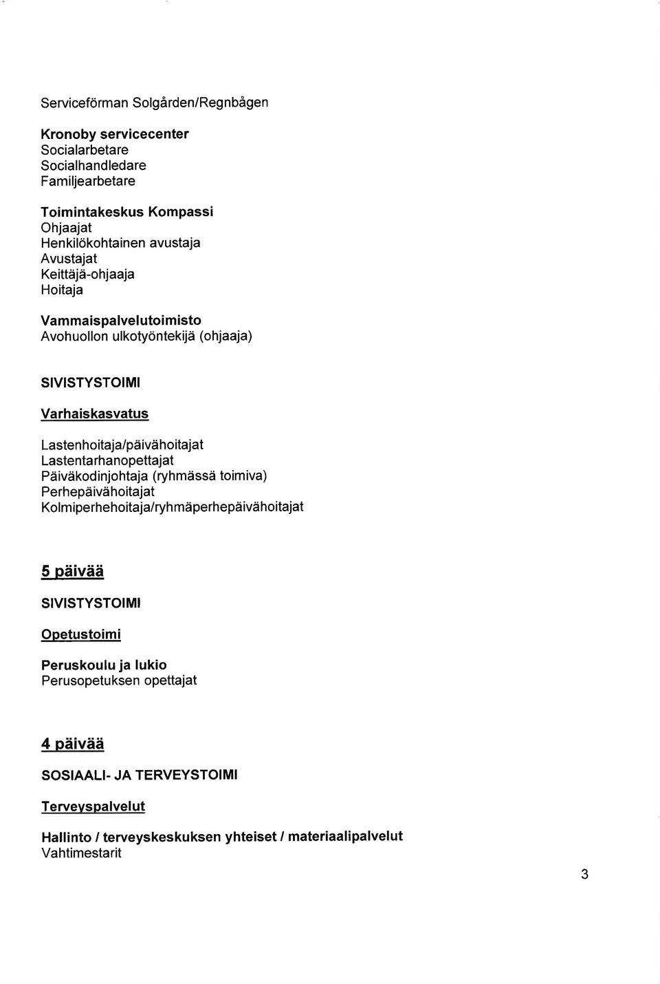 Lastenta rha nopettajat Päiväkod injohtaja (ryhmässä toim iva) Perhepäivähoitajat Kolm ipe rhehoitaja/ryh mä perhepä ivä hoitajat 5 päivää SIVISTYSTOIMI Opetustoimi