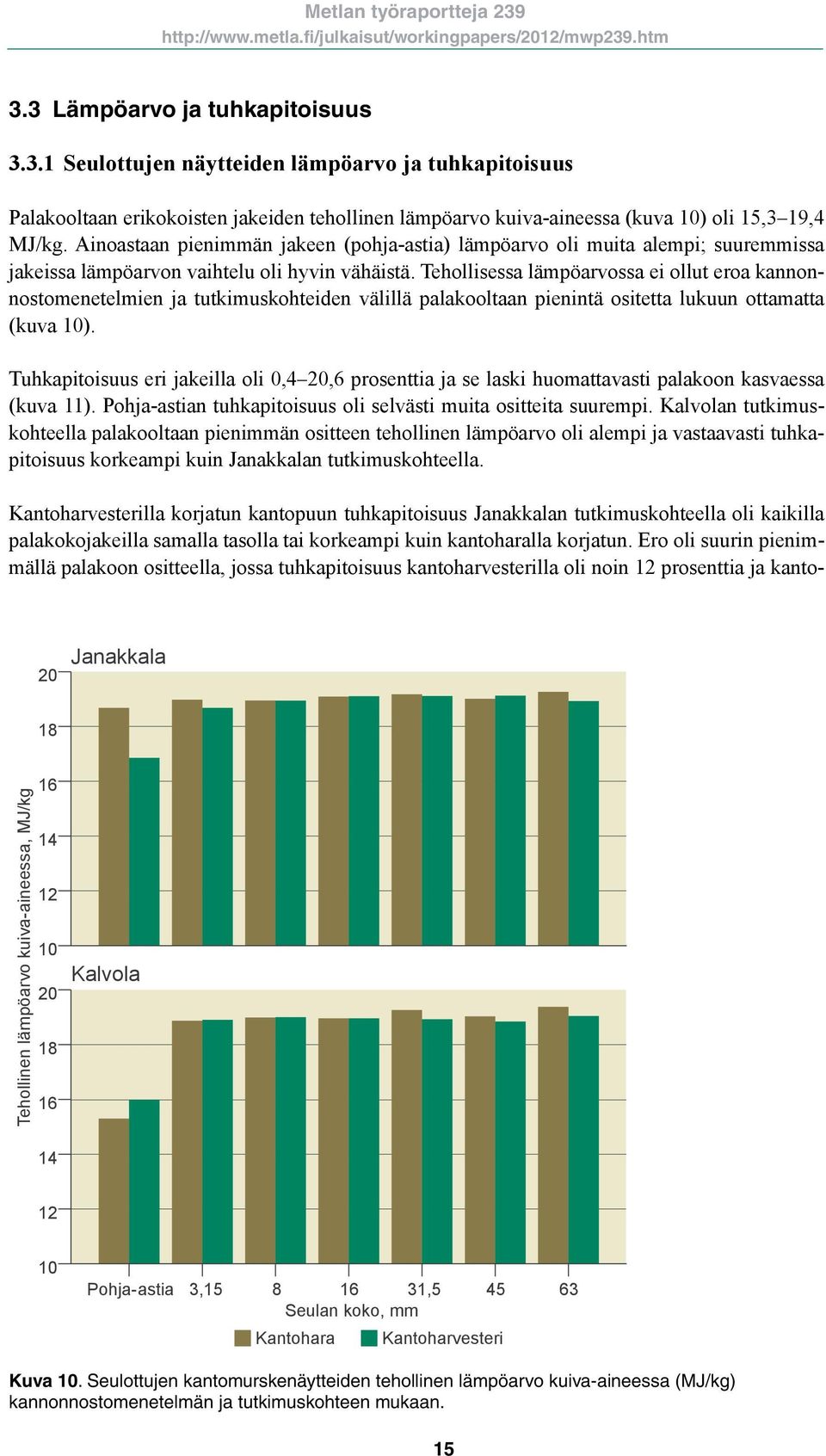 Tehollisessa lämpöarvossa ei ollut eroa kannonnostomenetelmien ja tutkimuskohteiden välillä palakooltaan pienintä ositetta lukuun ottamatta (kuva 10).