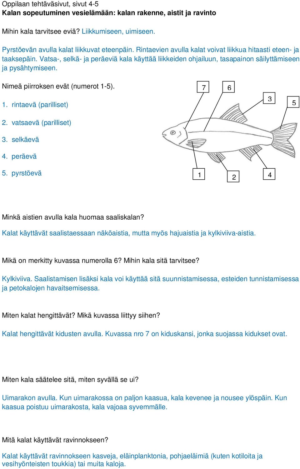 Nimeä piirroksen evät (numerot 1-5). 7 6 1. rintaevä (parilliset) 3 5 2. vatsaevä (parilliset) 3. selkäevä 4. peräevä 5. pyrstöevä 1 2 4 Minkä aistien avulla kala huomaa saaliskalan?