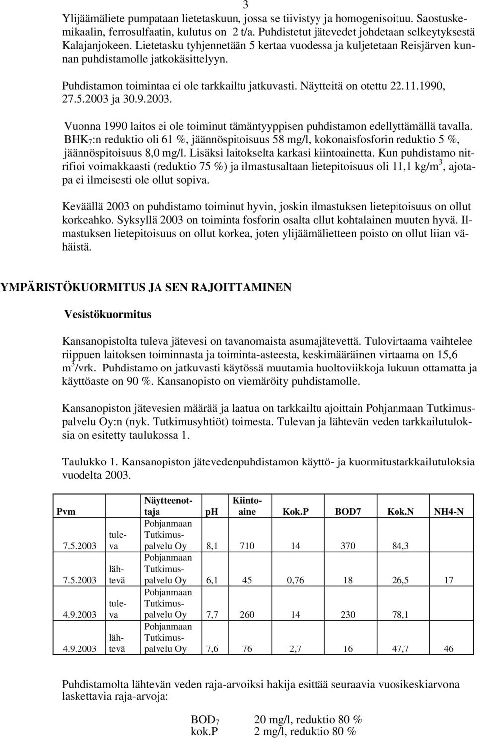 9.2003. Vuonna 1990 laitos ei ole toiminut tämäntyyppisen puhdistamon edellyttämällä tavalla.