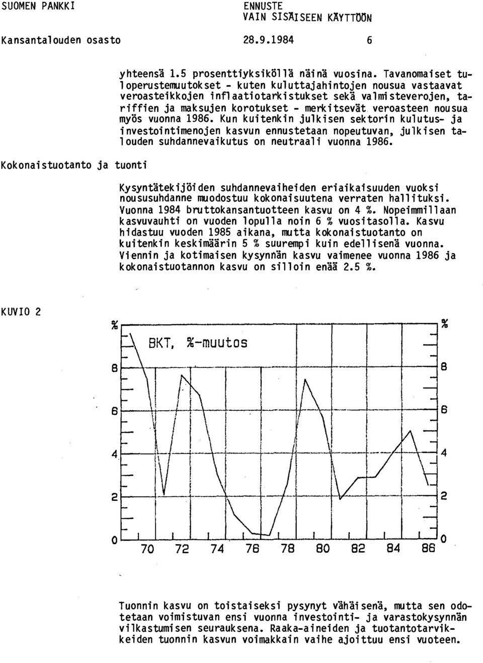 nousua myös vuonna 1986. Kun kuitenkin julkisen sektorin kulutus- ja investointimenojen kasvun ennustetaan nopeutuvan, julkisen talouden suhdannevaikutus on neutraali vuonna 1986.
