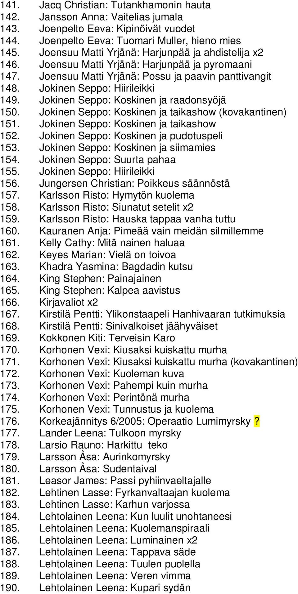 Jokinen Seppo: Koskinen ja raadonsyöjä 150. Jokinen Seppo: Koskinen ja taikashow (kovakantinen) 151. Jokinen Seppo: Koskinen ja taikashow 152. Jokinen Seppo: Koskinen ja pudotuspeli 153.