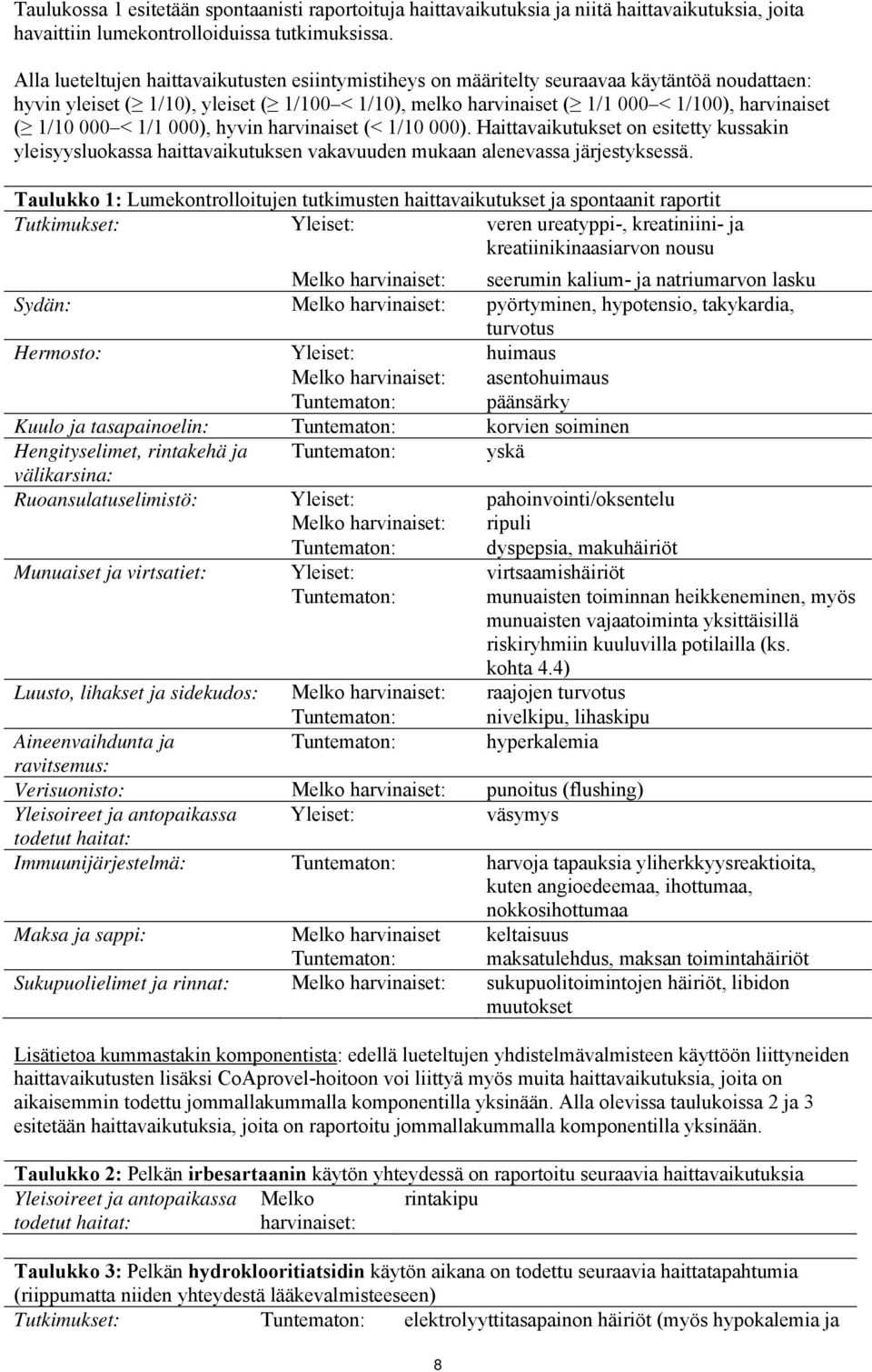 1/10 000 < 1/1 000), hyvin harvinaiset (< 1/10 000). Haittavaikutukset on esitetty kussakin yleisyysluokassa haittavaikutuksen vakavuuden mukaan alenevassa järjestyksessä.