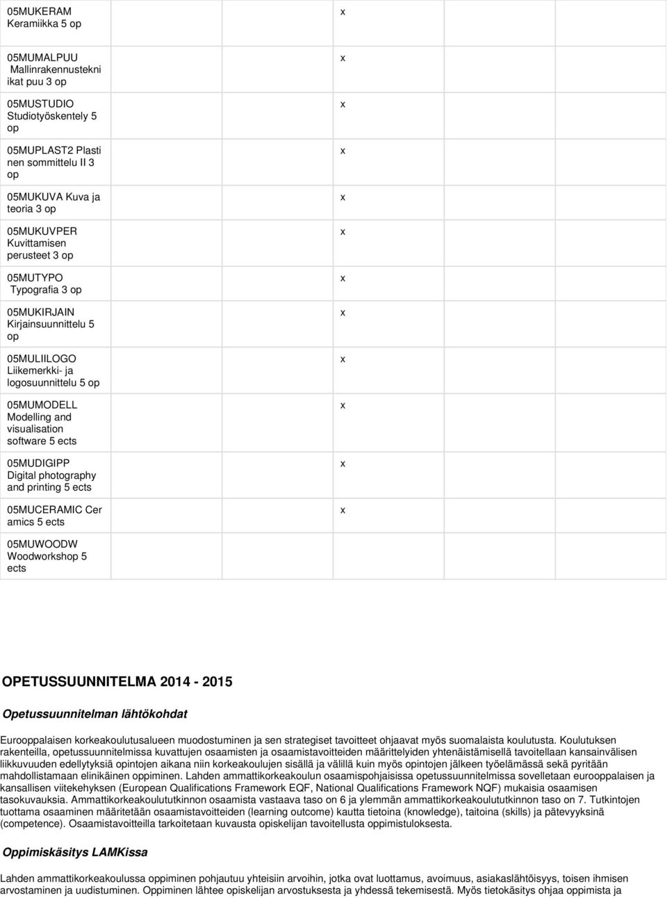 photography and printing 5 ects 05MUCERAMIC Cer amics 5 ects 05MUWOODW Woodworkshop 5 ects OPETUSSUUNNITELMA 2014-2015 Opetussuunnitelman lähtökohdat Eurooppalaisen korkeakoulutusalueen muodostuminen
