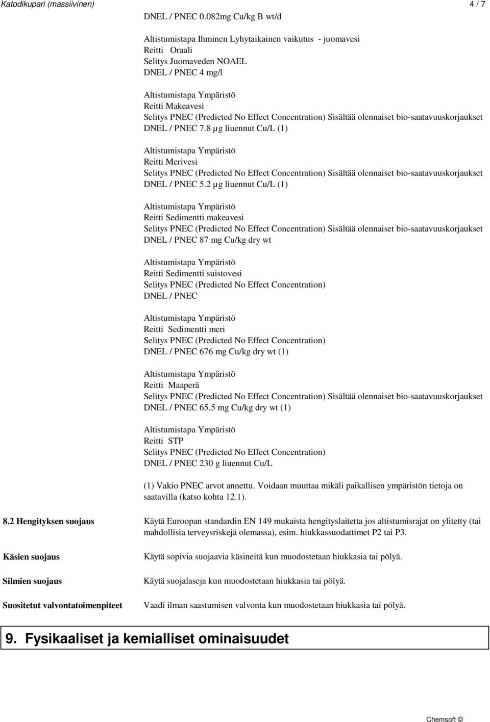 8 µg liuennut Cu/L (1) Reitti Merivesi DNEL / PNEC 5.