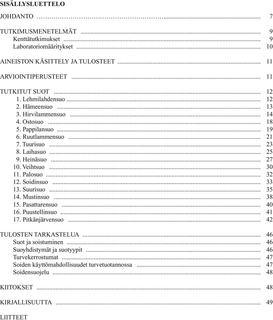 .. 30 11. Palosuo... 32 12. Soidinsuo... 33 13. Suurisuo... 35 14. Mustinsuo... 38 15. Pasattarensuo... 40 16. Puustellinsuo... 41 17. Pitkänjärvensuo... 42 TULOSTEN TARKASTELUA.