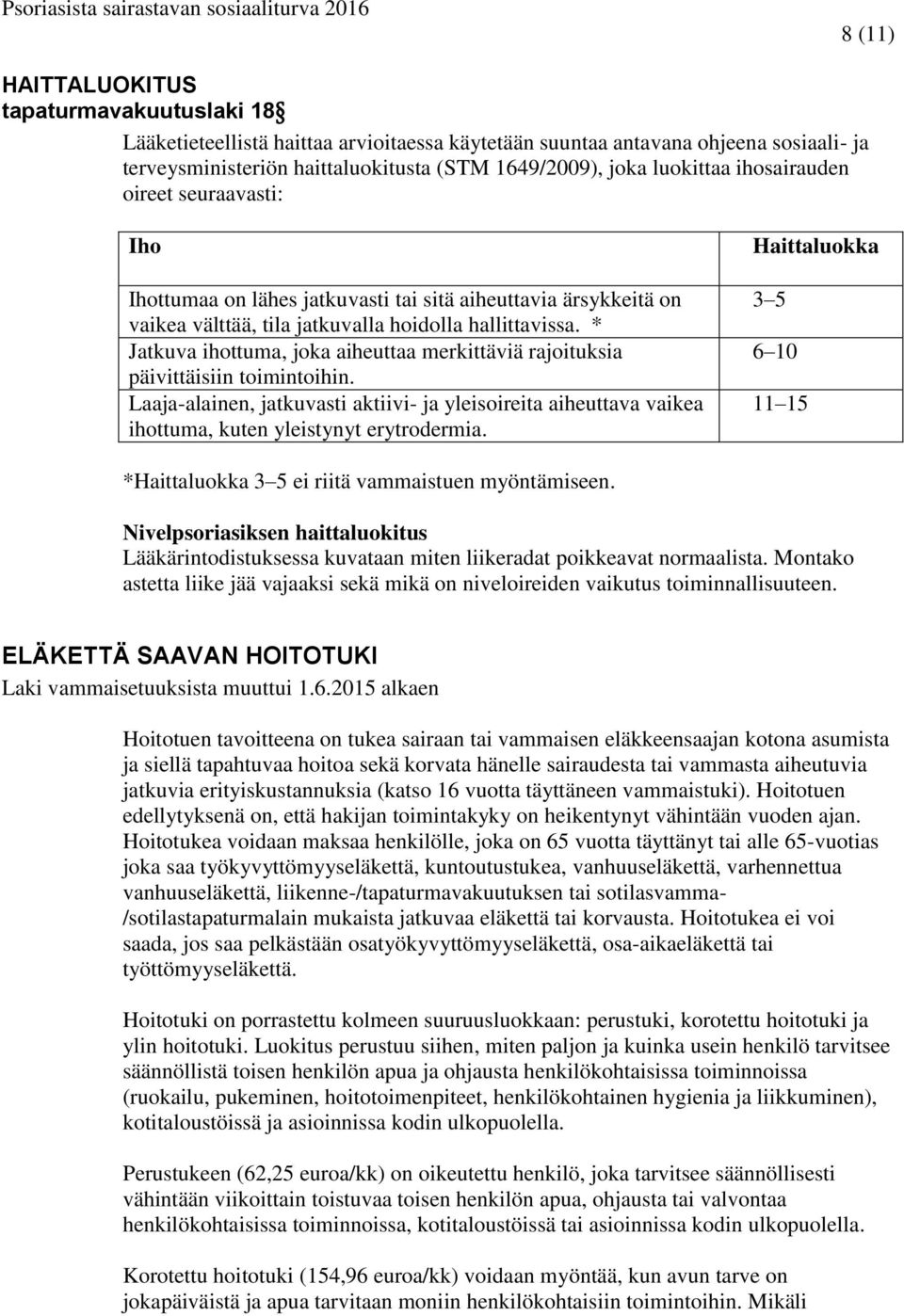 * Jatkuva ihottuma, joka aiheuttaa merkittäviä rajoituksia päivittäisiin toimintoihin. Laaja-alainen, jatkuvasti aktiivi- ja yleisoireita aiheuttava vaikea ihottuma, kuten yleistynyt erytrodermia.