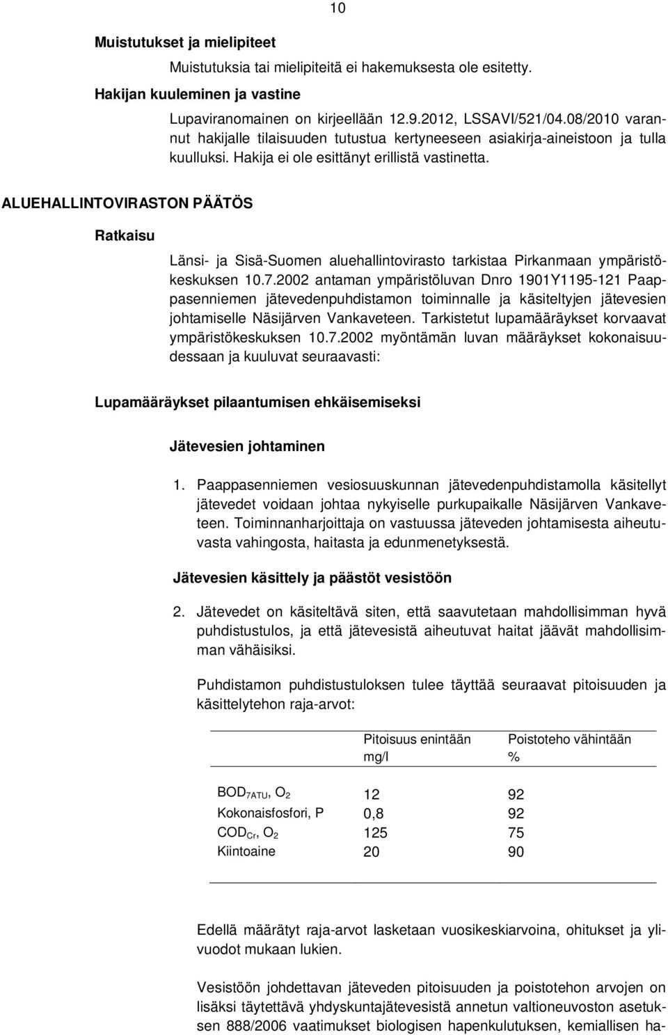 ALUEHALLINTOVIRASTON PÄÄTÖS Ratkaisu Länsi- ja Sisä-Suomen aluehallintovirasto tarkistaa Pirkanmaan ympäristökeskuksen 10.7.