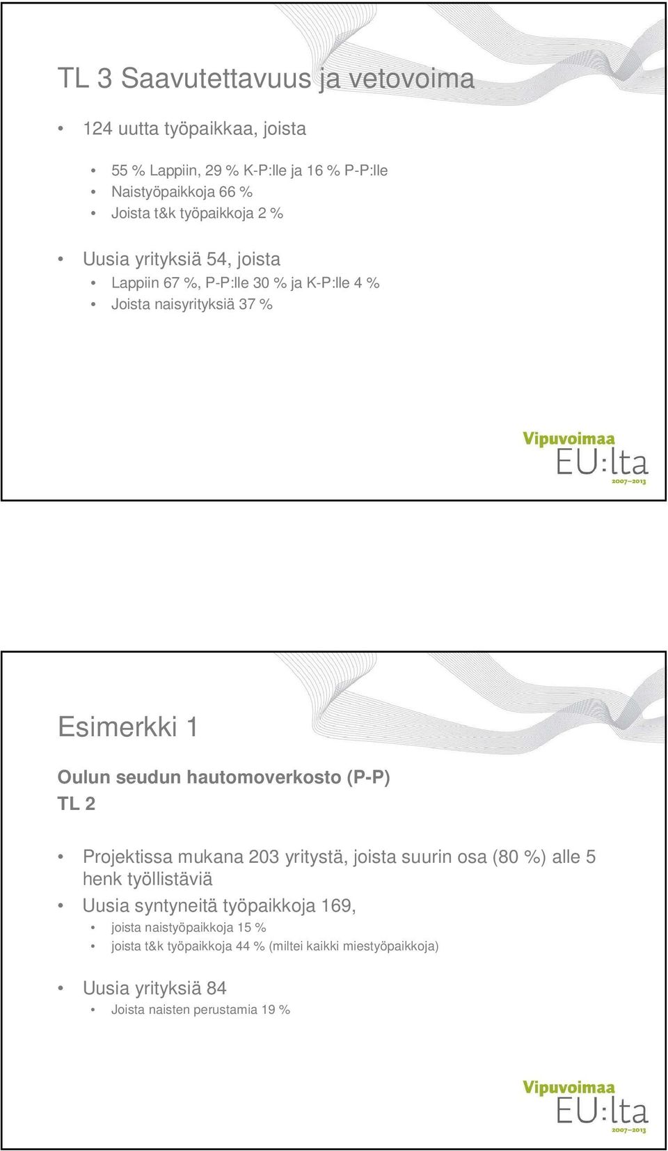 hautomoverkosto (P-P) TL 2 Projektissa mukana 203 yritystä, joista suurin osa (80 %) alle 5 henk työllistäviä Uusia syntyneitä työpaikkoja