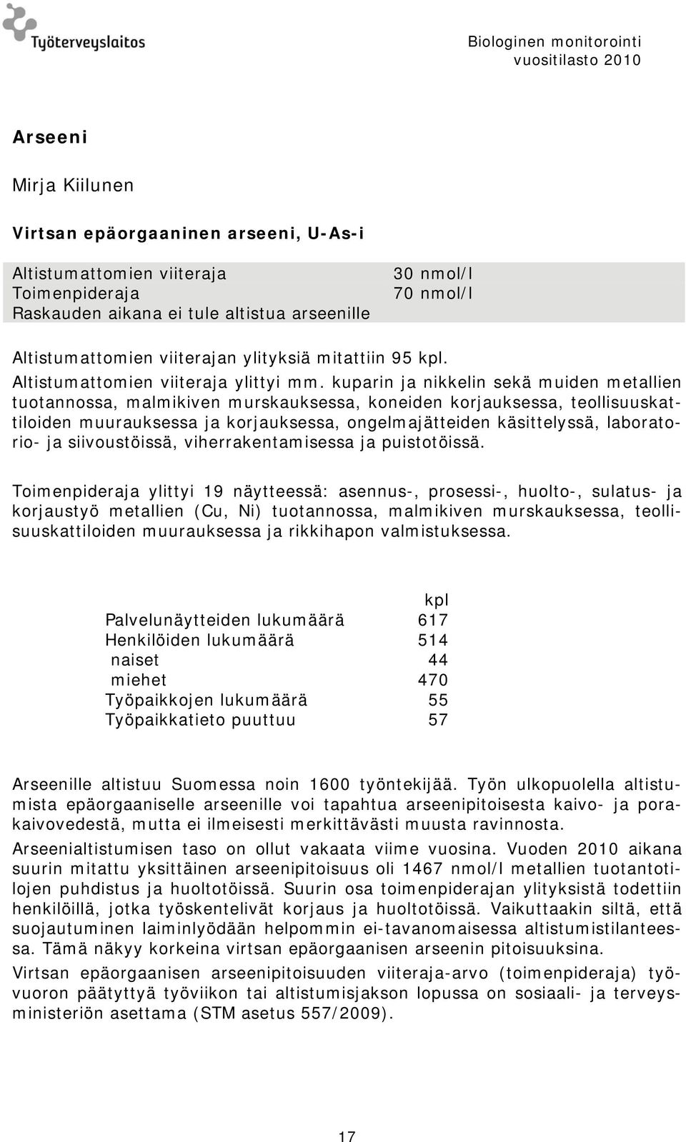 kuparin ja nikkelin sekä muiden metallien tuotannossa, malmikiven murskauksessa, koneiden korjauksessa, teollisuuskattiloiden muurauksessa ja korjauksessa, ongelmajätteiden käsittelyssä, laboratorio-