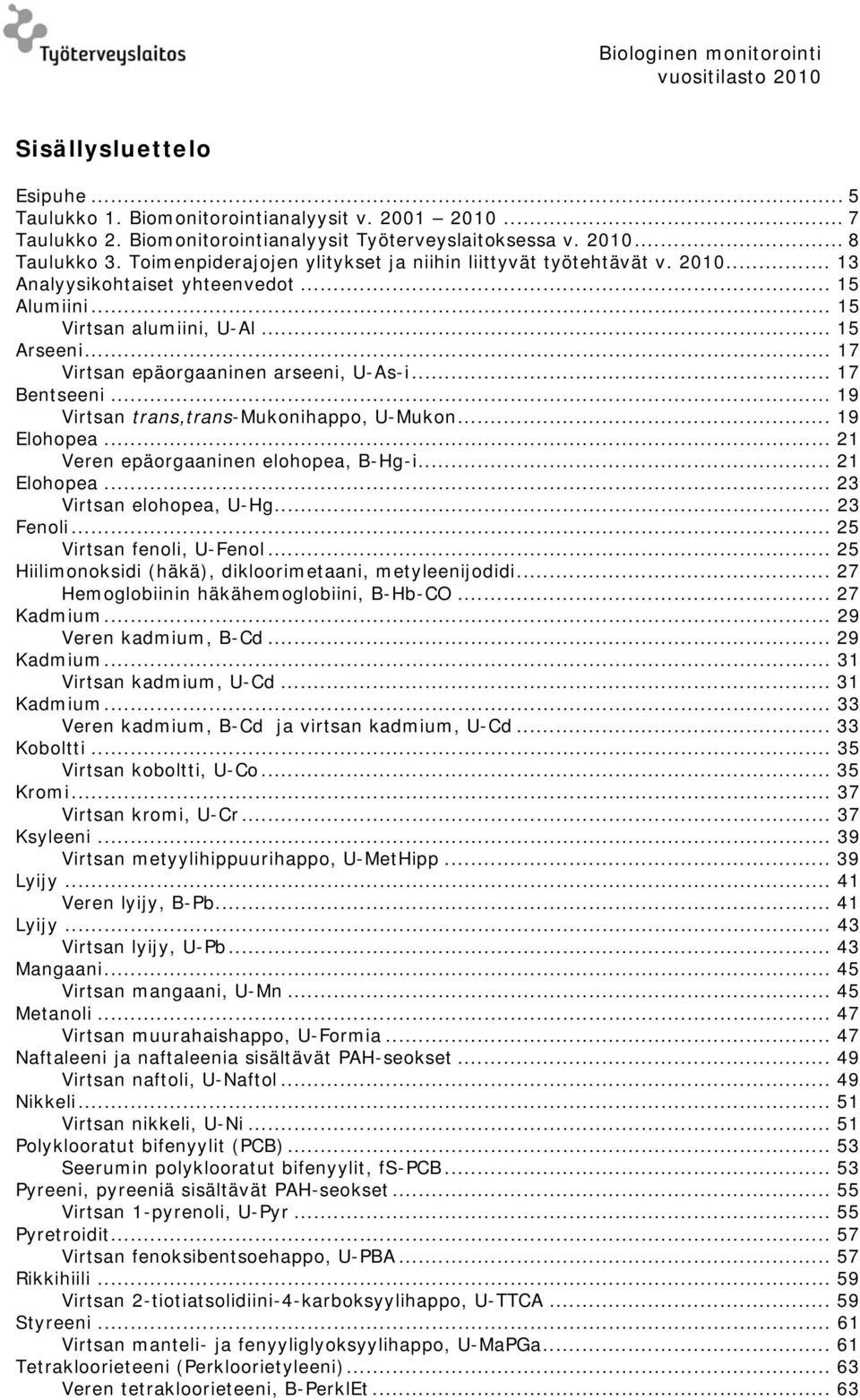 .. 17 Virtsan epäorgaaninen arseeni, U-As-i... 17 Bentseeni... 19 Virtsan trans,trans-mukonihappo, U-Mukon... 19 Elohopea... 21 Veren epäorgaaninen elohopea, B-Hg-i... 21 Elohopea.