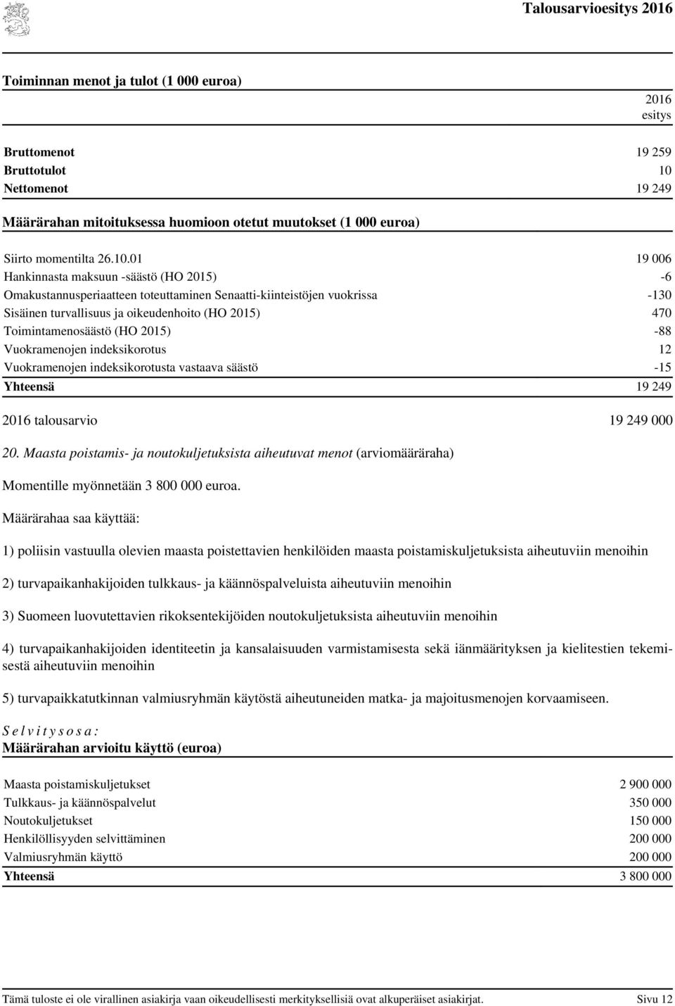 01 19 006 Hankinnasta maksuun -säästö (HO ) -6 Omakustannusperiaatteen toteuttaminen Senaatti-kiinteistöjen vuokrissa -130 Sisäinen turvallisuus ja oikeudenhoito (HO ) 470 Toimintamenosäästö (HO )