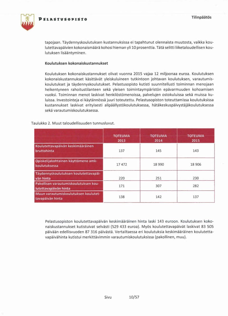 Koulutuksen kokonaiskustannukset käsittävät yleiskuluineen tutkintoon johtavan koulutuksen, varautumiskoulutukset ja täydennyskoulutukset.