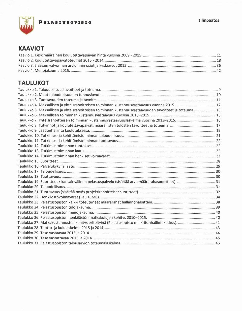 Muut taloudellisuuden tunnusluvut 10 Taulukko 3. Tuottavuuden toteuma ja tavoite 11 Taulukko 4. Maksullisen ja yhteisrahoitteisen toiminnan kustannusvastaavuus vuonna 2015 12 Taulukko 5.