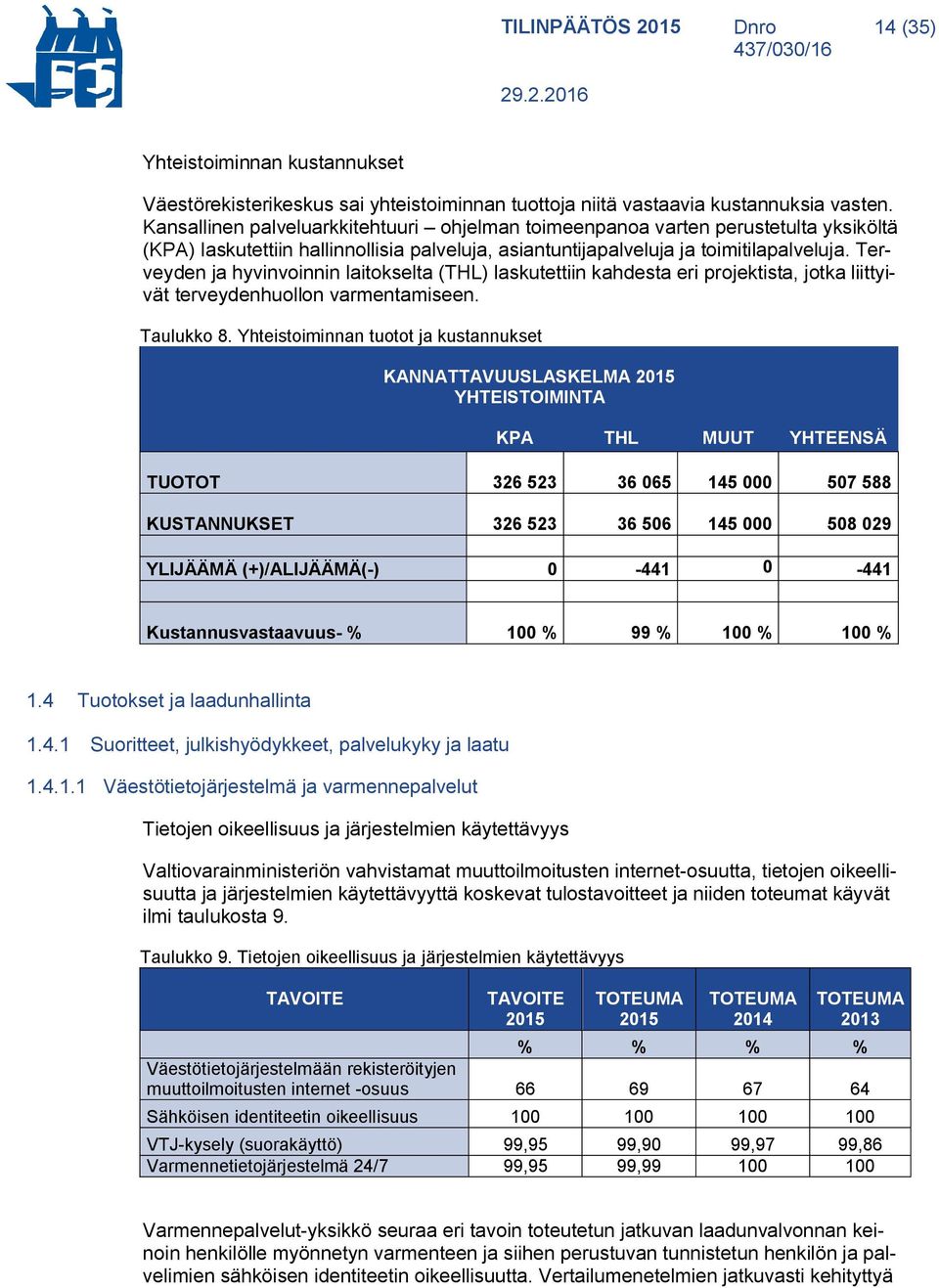 Terveyden ja hyvinvoinnin laitokselta (THL) laskutettiin kahdesta eri projektista, jotka liittyivät terveydenhuollon varmentamiseen. Taulukko 8.