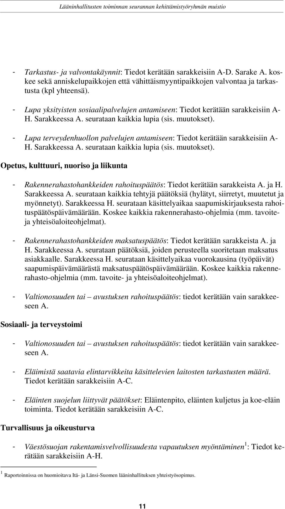 - Lupa terveydenhuollon palvelujen antamiseen: Tiedot kerätään sarakkeisiin A- H. Sarakkeessa A. seurataan kaikkia lupia (sis. muutokset).