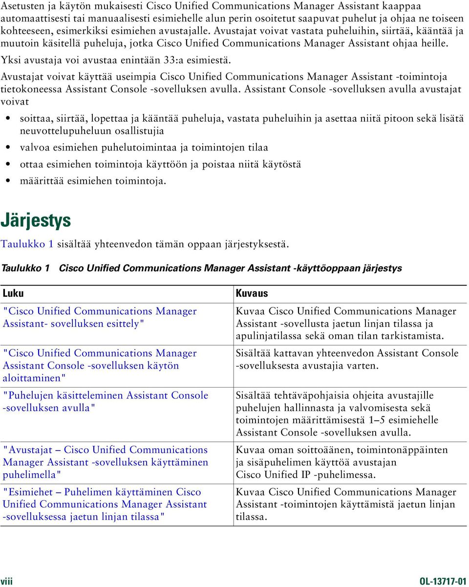 Yksi avustaja voi avustaa enintään 33:a esimiestä. Avustajat voivat käyttää useimpia Cisco Unified Communications Manager Assistant -toimintoja tietokoneessa Assistant Console -sovelluksen avulla.