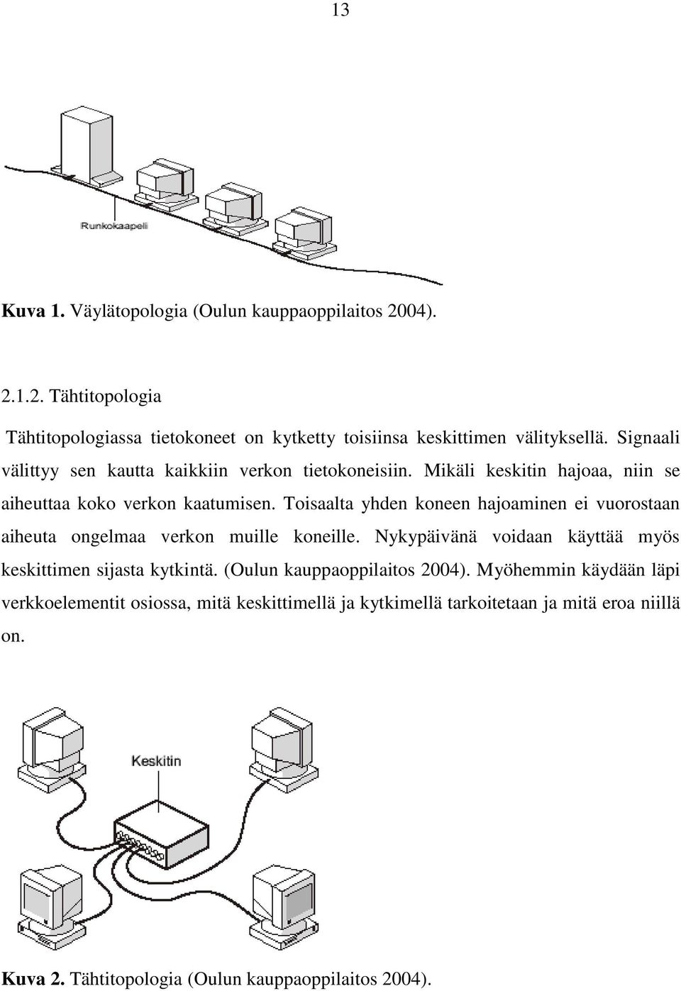 Toisaalta yhden koneen hajoaminen ei vuorostaan aiheuta ongelmaa verkon muille koneille. Nykypäivänä voidaan käyttää myös keskittimen sijasta kytkintä.