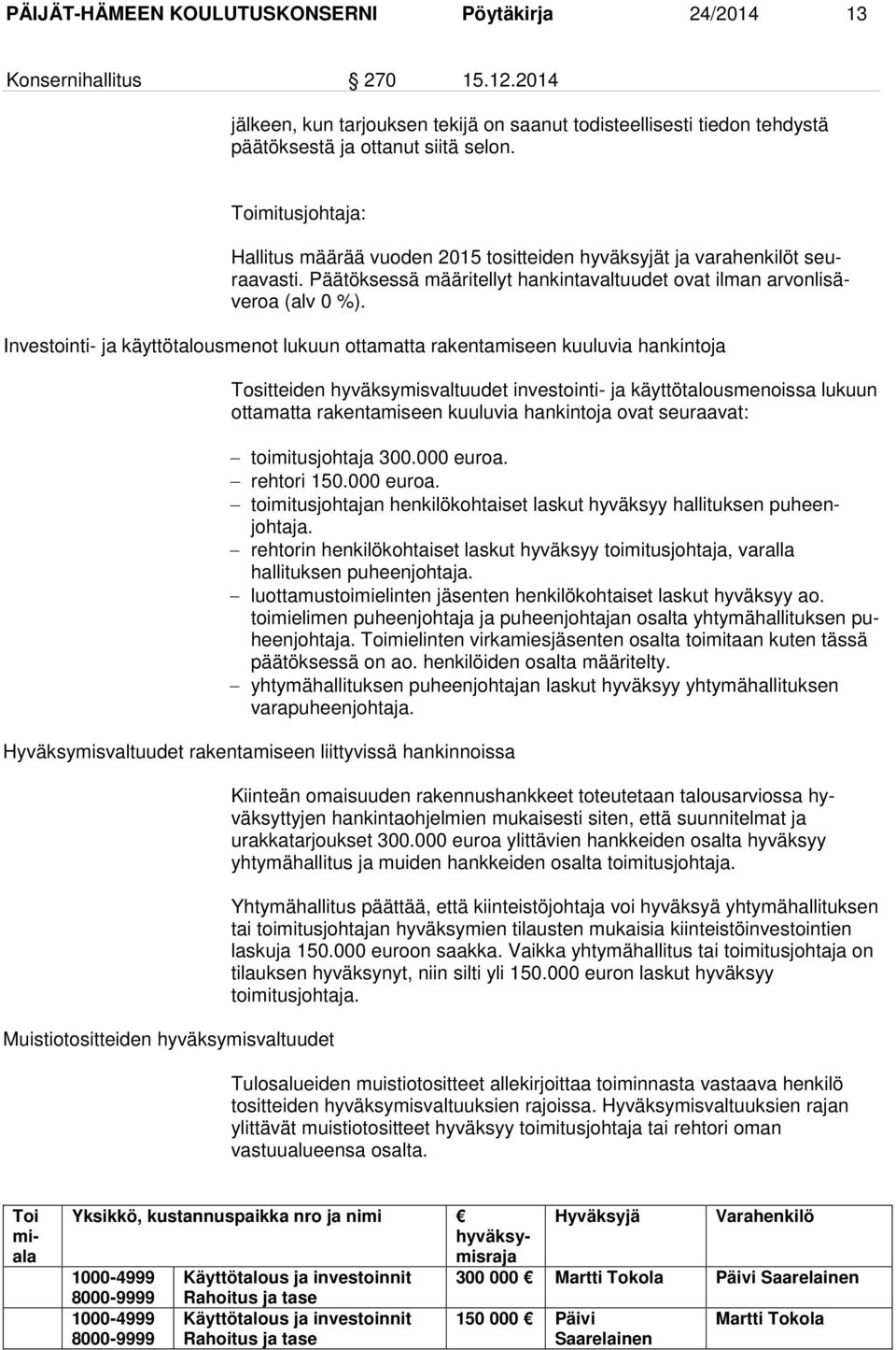 Investointi- ja käyttötalousmenot lukuun ottamatta rakentamiseen kuuluvia hankintoja Tositteiden hyväksymisvaltuudet investointi- ja käyttötalousmenoissa lukuun ottamatta rakentamiseen kuuluvia