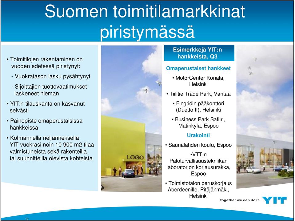 olevista kohteista Esimerkkejä YIT:n hankkeista, Q3 Omaperustaiset hankkeet MotorCenter Konala, Helsinki Tiilitie Trade Park, Vantaa Fingridin pääkonttori (Duetto II), Helsinki Business