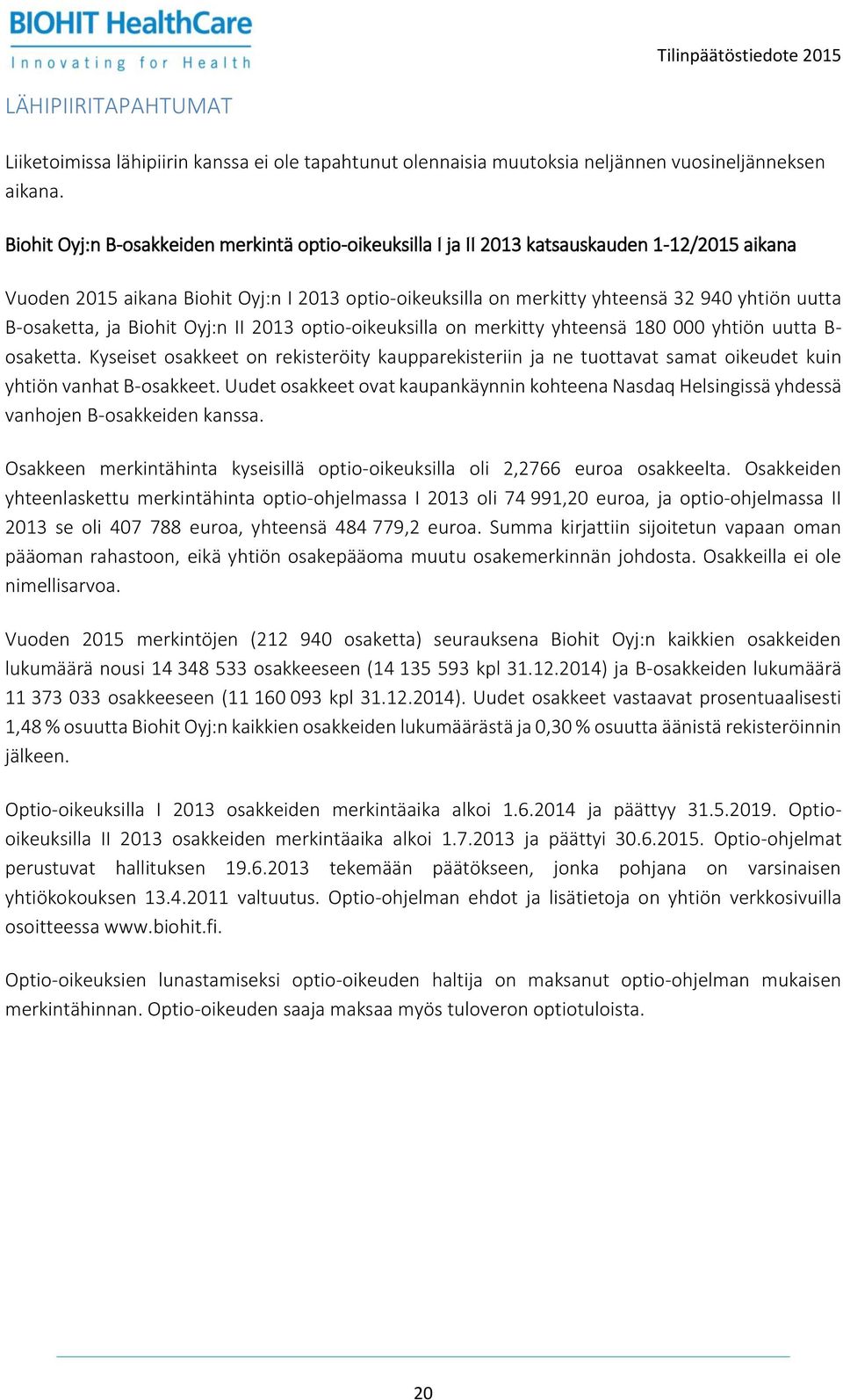 B-osaketta, ja Biohit Oyj:n II 2013 optio-oikeuksilla on merkitty yhteensä 180 000 yhtiön uutta B- osaketta.