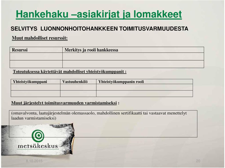 Yhteistyökumppani Vastuuhenkilö Yhteistyökumppanin rooli Muut järjestelyt toimitusvarmuuden varmistamiseksi :