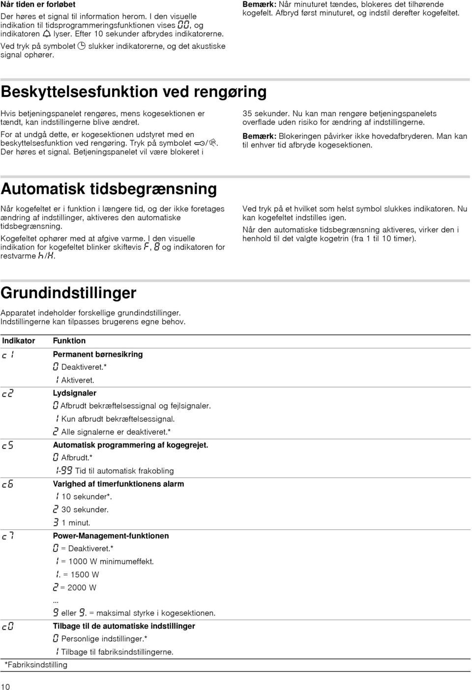 Beskyttelsesfunktion ved rengøring Hvis betjeningspanelet rengøres, mens kogesektionen er tændt, kan indstillingerne blive ændret.