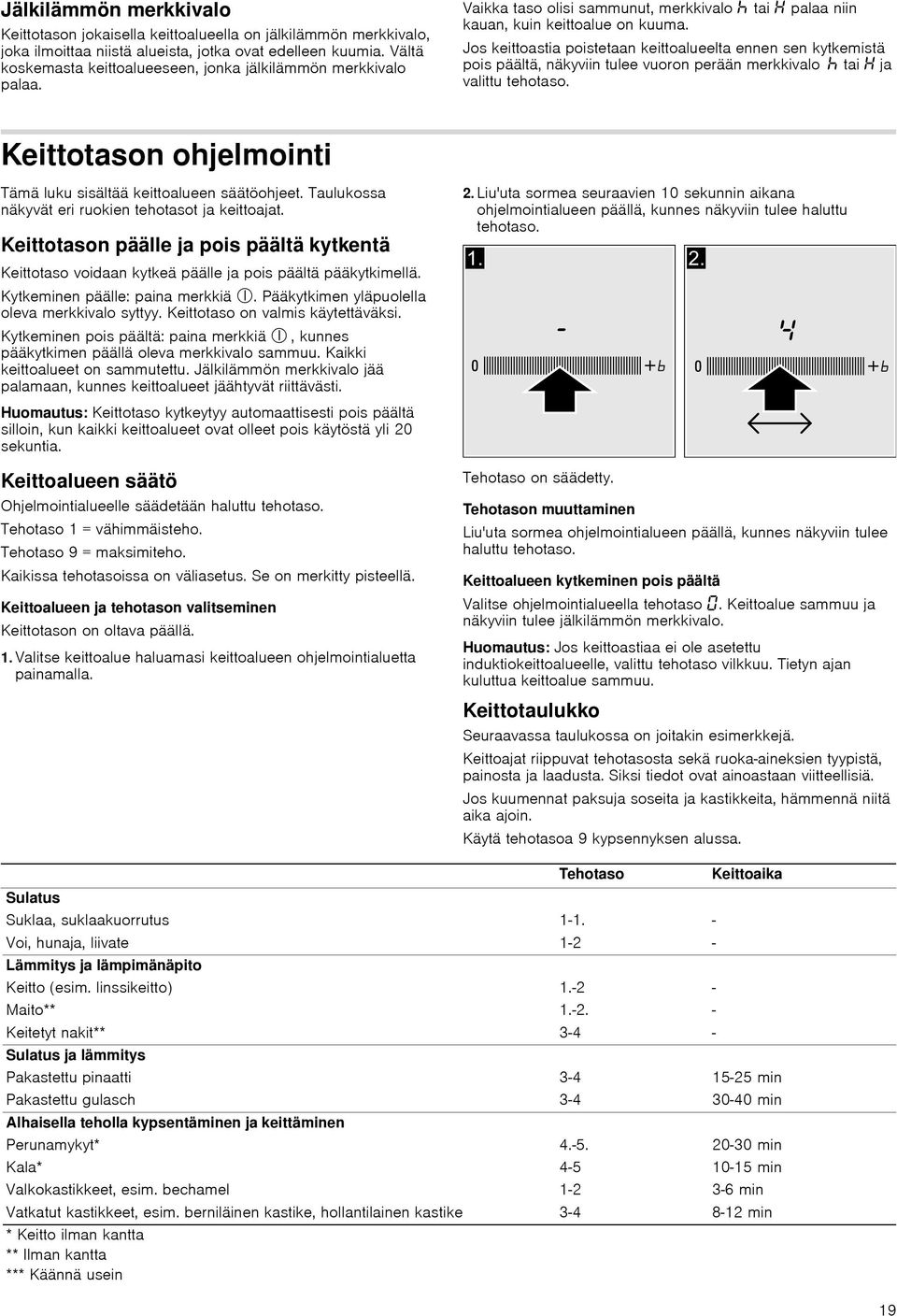 Jos keittoastia poistetaan keittoalueelta ennen sen kytkemistä pois päältä, näkyviin tulee vuoron perään merkkivalo œ tai ja valittu tehotaso.