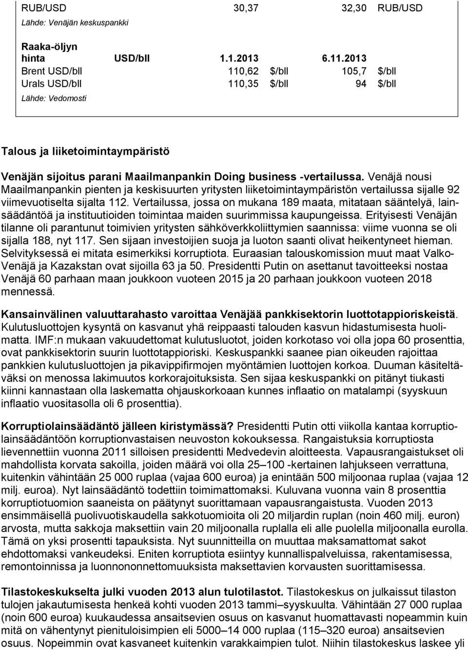 Venäjä nousi Maailmanpankin pienten ja keskisuurten yritysten liiketoimintaympäristön vertailussa sijalle 92 viimevuotiselta sijalta 112.