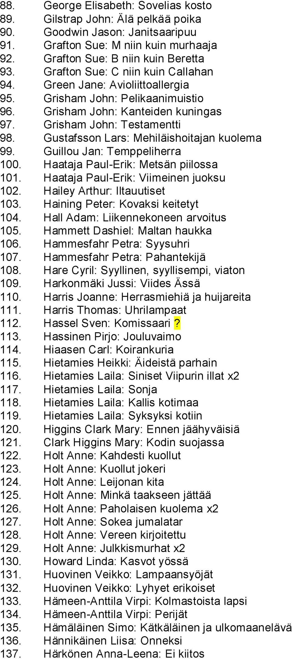 Gustafsson Lars: Mehiläishoitajan kuolema 99. Guillou Jan: Temppeliherra 100. Haataja Paul-Erik: Metsän piilossa 101. Haataja Paul-Erik: Viimeinen juoksu 102. Hailey Arthur: Iltauutiset 103.