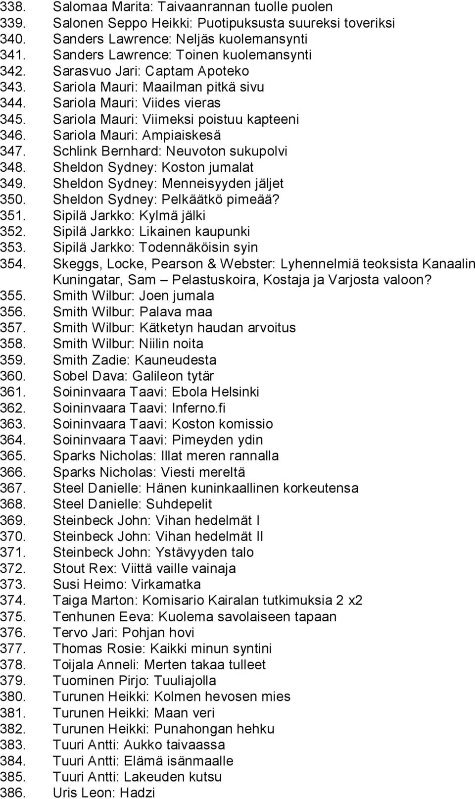 Sariola Mauri: Ampiaiskesä 347. Schlink Bernhard: Neuvoton sukupolvi 348. Sheldon Sydney: Koston jumalat 349. Sheldon Sydney: Menneisyyden jäljet 350. Sheldon Sydney: Pelkäätkö pimeää? 351.