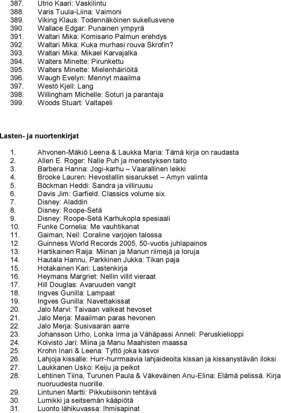 Westö Kjell: Lang 398. Willingham Michelle: Soturi ja parantaja 399. Woods Stuart: Valtapeli Lasten- ja nuortenkirjat 1. Ahvonen-Mäkiö Leena & Laukka Maria: Tämä kirja on raudasta 2. Allen E.