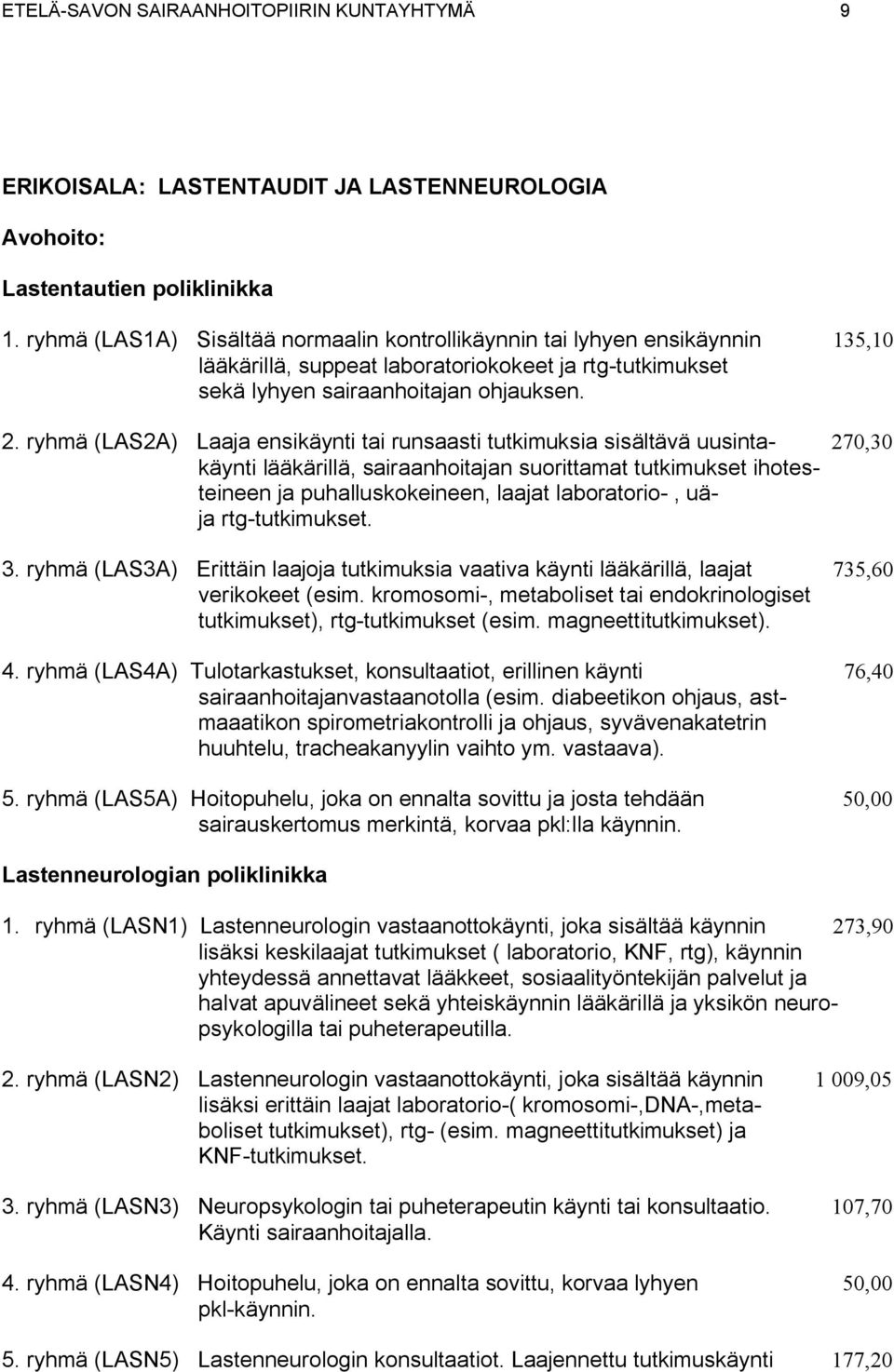 ryhmä (LAS2A) Laaja ensikäynti tai runsaasti tutkimuksia sisältävä uusinta- 270,30 käynti lääkärillä, sairaanhoitajan suorittamat tutkimukset ihotesteineen ja puhalluskokeineen, laajat laboratorio-,