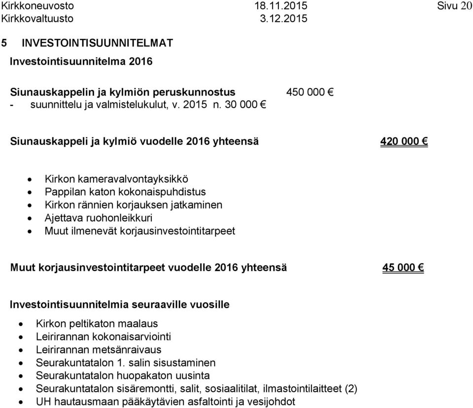 ilmenevät korjausinvestointitarpeet Muut korjausinvestointitarpeet vuodelle 2016 yhteensä 45 000 Investointisuunnitelmia seuraaville vuosille Kirkon peltikaton maalaus Leirirannan kokonaisarviointi