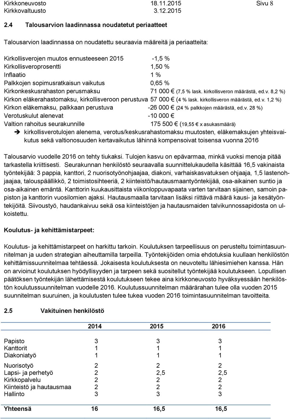 1,50 % Inflaatio 1 % Palkkojen sopimusratkaisun vaikutus 0,65 % Kirkonkeskusrahaston perusmaksu 71 000 (7,5 % lask. kirkollisveron määrästä, ed.v. 8,2 %) Kirkon eläkerahastomaksu, kirkollisveroon perustuva 57 000 (4 % lask.